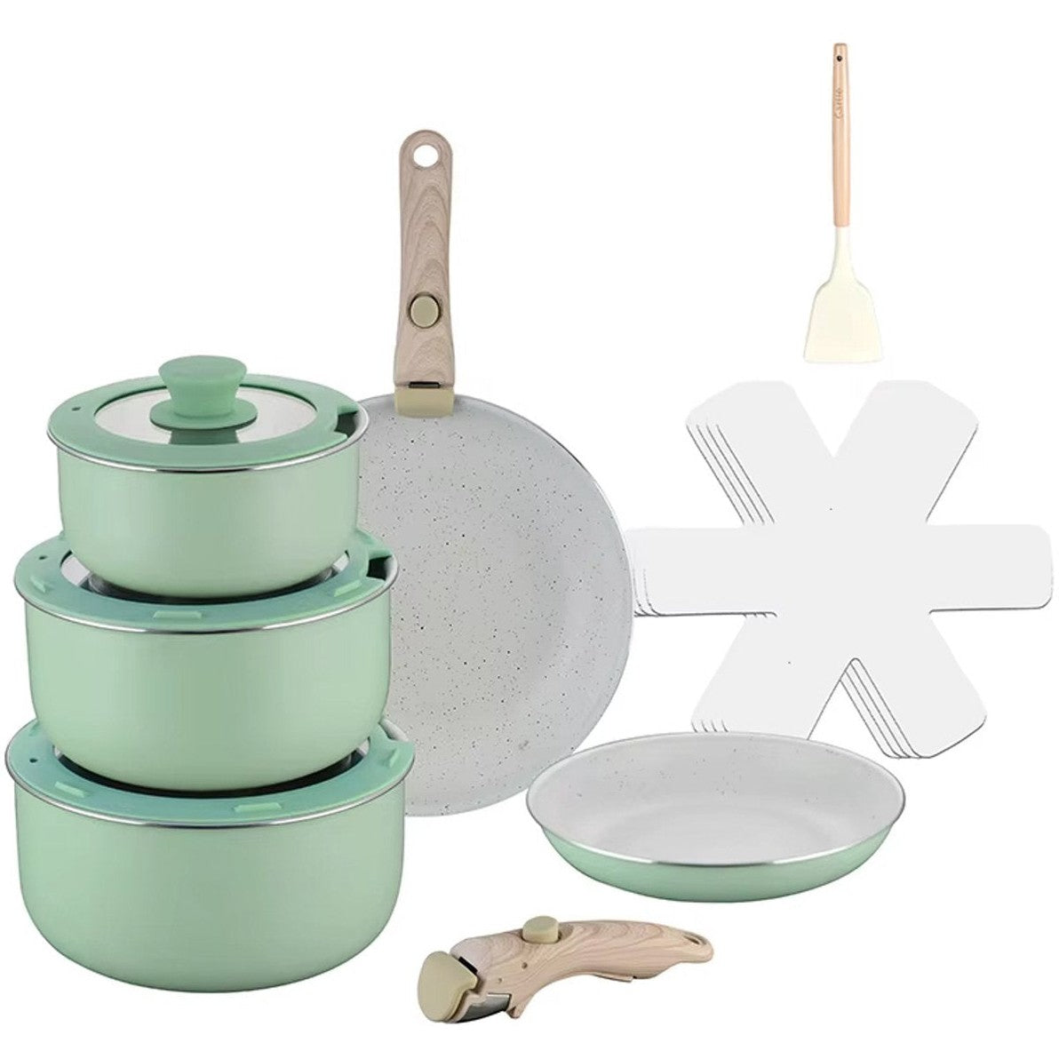 15-delige Pannenset – Zacht Lichtgroen – Ultra Non-stick – 2 Afneembare Houten Handgrepen – Geschikt voor Alle Warmtebronnen