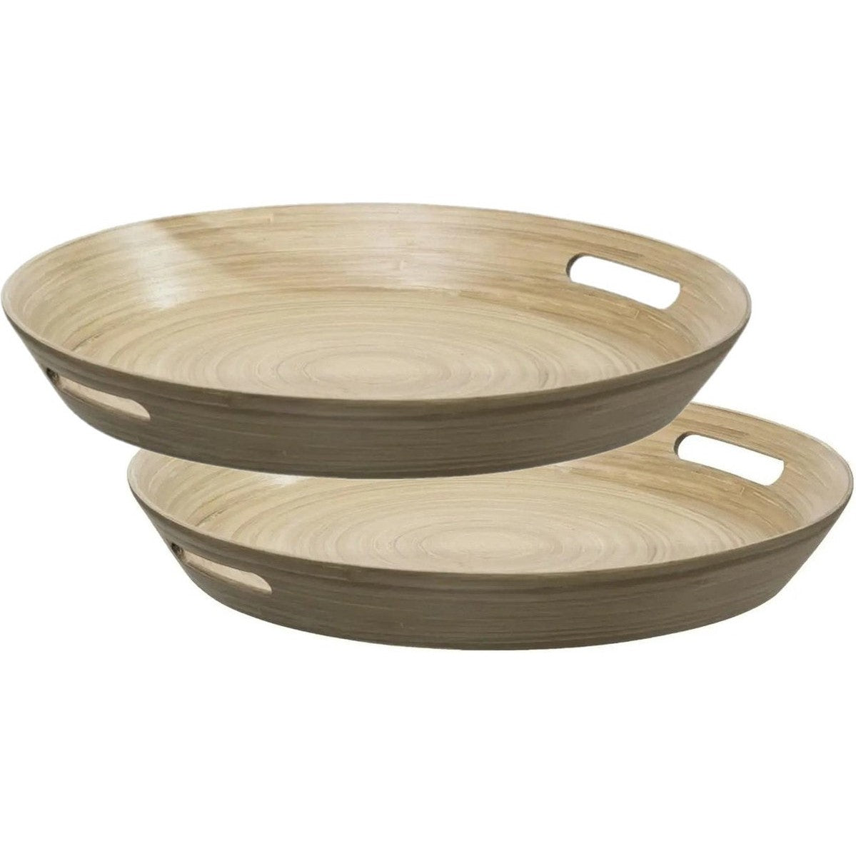 2x stuks dienbladen/serveerbladen rond D42 cm bamboe bruin met handvaten - Serveerbladen, dienbladen & keukenbenodigdheden