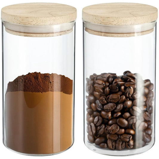 2x stuks voorraadbussen/voorraadpotten 1L glas met houten deksel - 1000 ml - Voorraadpotten met luchtdichte deksel