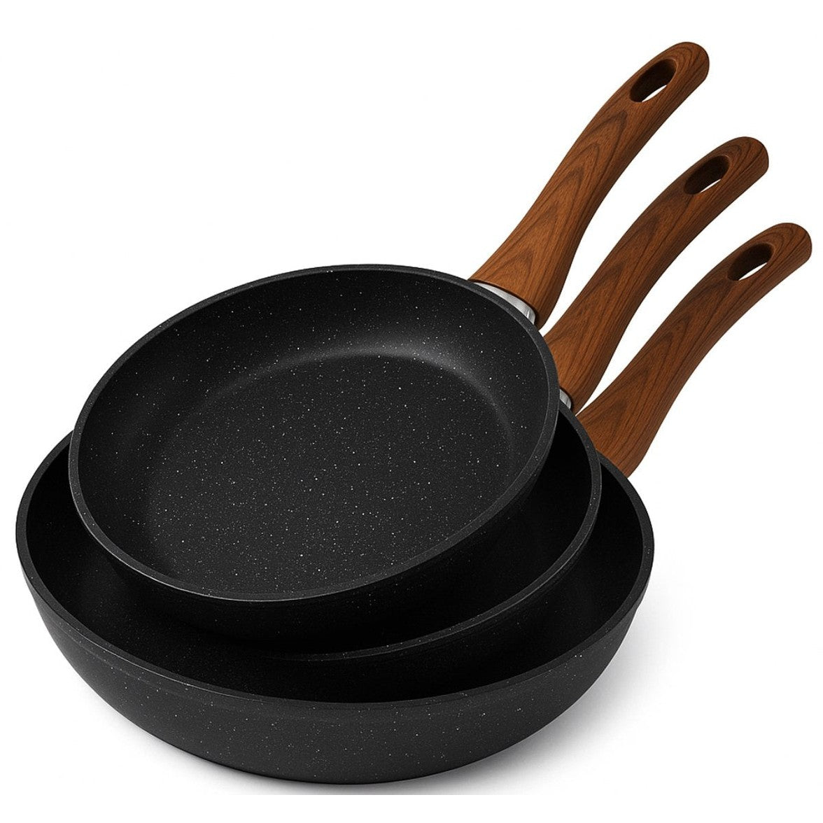 3-delige Koekenpannenset – Ø20/24/28 cm – Marmercoating met Hittebestendige Houten Look Handgrepen – Geschikt voor Alle Warmtebronnen