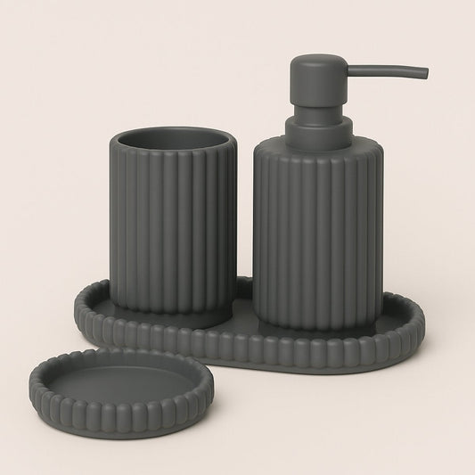 4-delige Grijze Badkamer & Keukenset - Zeepdispenser, Zeepbakje, Tandenborstelhouder en Plateau - Modern Design van Hars - Zeeppomp - Zeepset