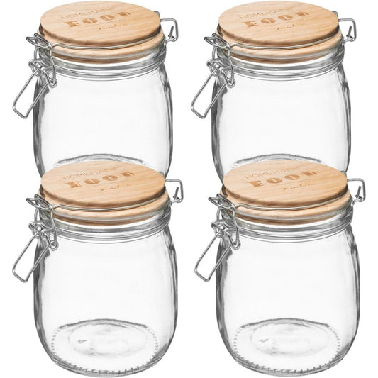 4x stuks voorraadbussen/voorraadpotten 0,75L glas met houten deksel en beugelsluiting - 750 ml - Voorraadpotten met luchtdichte sluiting