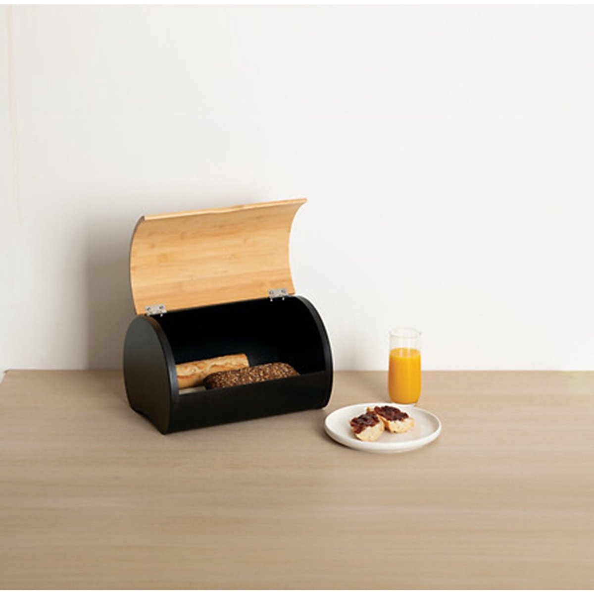 5Five Broodtrommel met klep/deksel - bamboe hout/metaal - 32 x 20 x 24 cm - zwart/naturel - Brooddozen