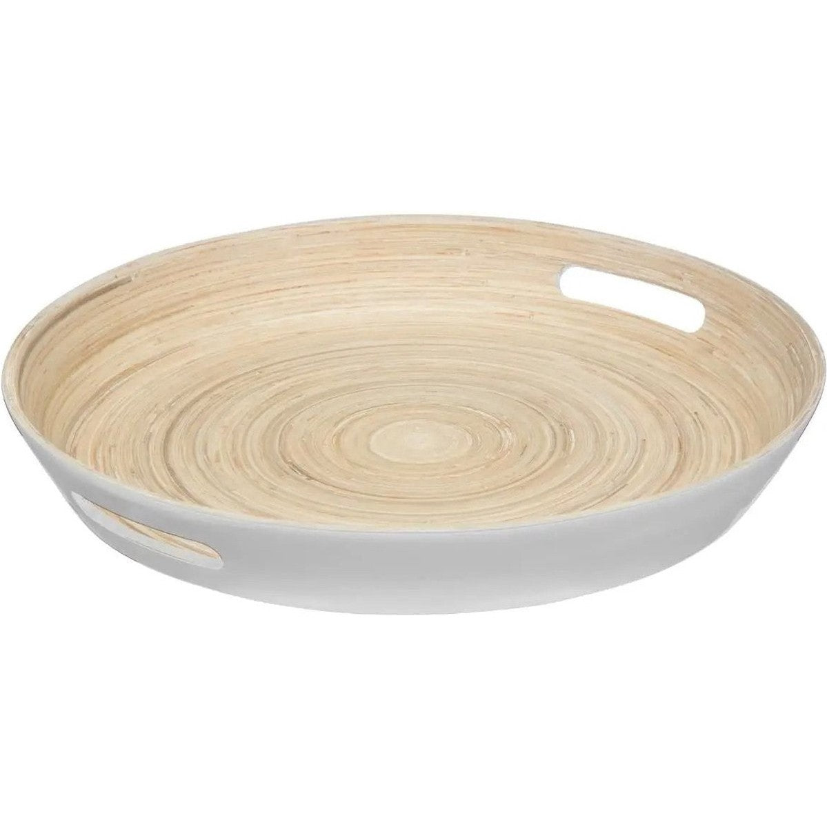 5Five Dienblad/serveerblad rond - D42 cm - bamboe hout - wit - met handvaten - Dienbladen