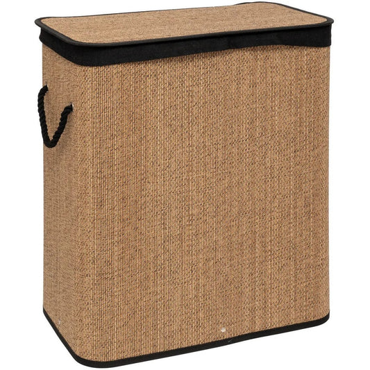 5Five Dubbele Wasmand met deksel - bamboe hout - 100 Liter- naturel zwart - 52 x 32 x 63 cm - sorteren mand