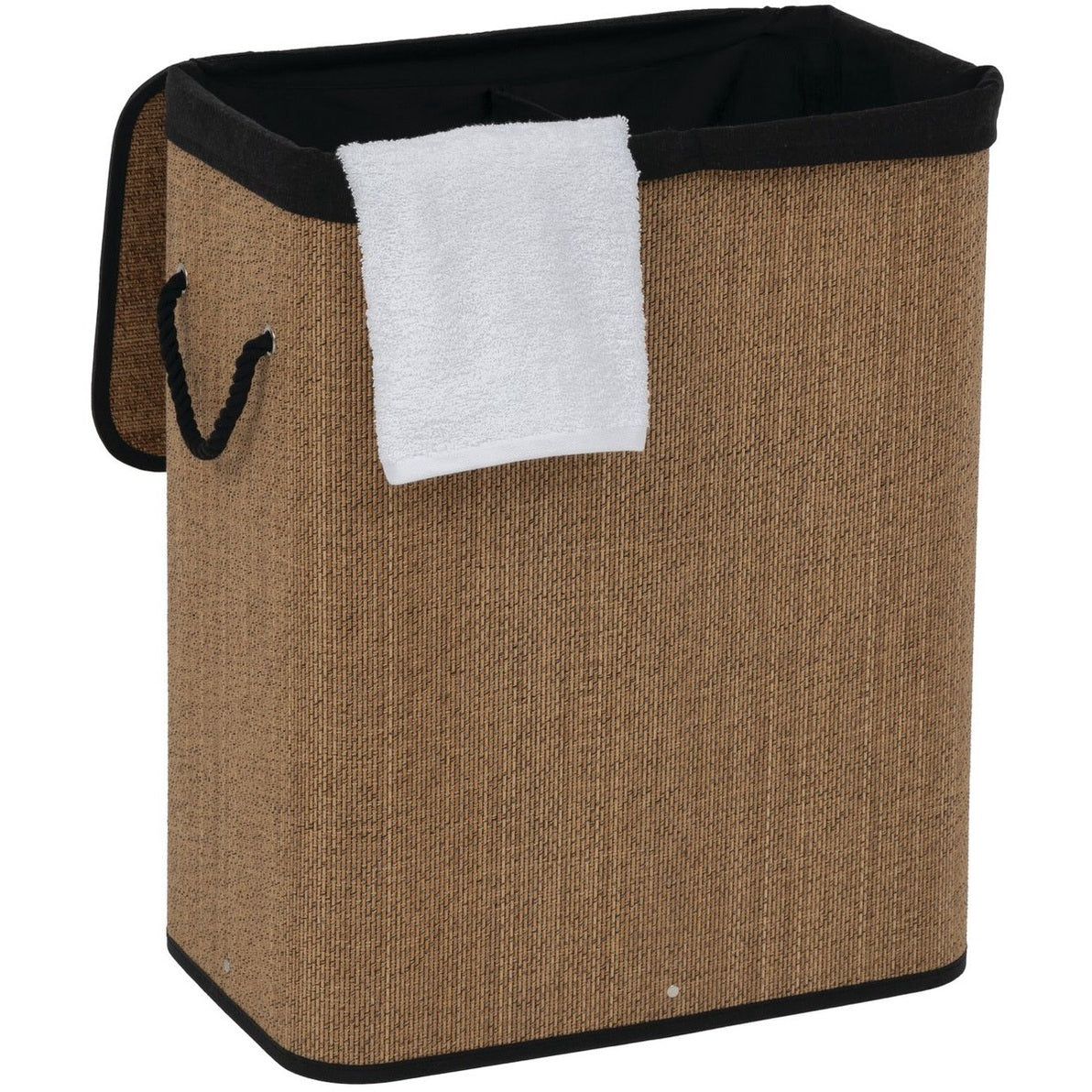 5Five Dubbele Wasmand met deksel - bamboe hout - 100 Liter- naturel zwart - 52 x 32 x 63 cm - sorteren mand