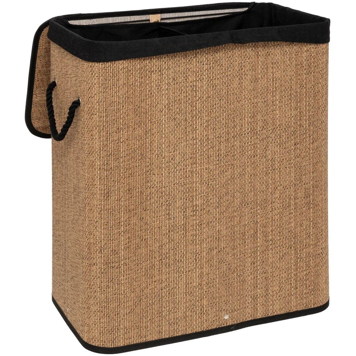 5Five Dubbele Wasmand met deksel - bamboe hout - 100 Liter- naturel zwart - 52 x 32 x 63 cm - sorteren mand