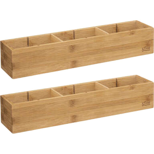 5Five Lade/kast/badkamer organizer - 2x - 3 vaks - L38 x B8 x H7 cm - bamboe hout - lichtbruin - verwijderbare verdelers