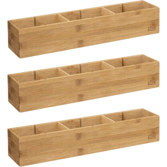 5Five Lade/kast/badkamer organizer - 3x - 3 vaks - L38 x B8 x H7 cm - bamboe hout - lichtbruin - verwijderbare verdelers