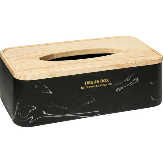 5Five Luxe Tissuedoos/tissuebox Alexa - zwart/naturel - polyresin/hout - 25 x 13 x 9 cm - voor kleine zakdoekjes - navulbaar