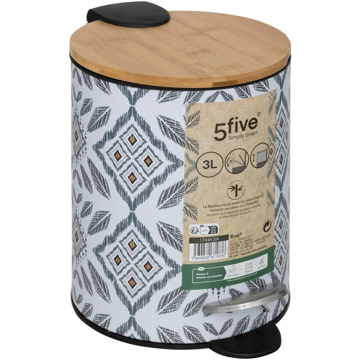 5Five Pedaalemmer Mystic - wit/grijs - 3 liter - metaal - 17 x 23 cm - voor toilet/badkamer - soft-close