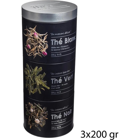 5Five Theedoos 3-vaks compartimenten - klikbaar - zwart - 11 x 26 cm - voor losse thee - metaal - 3x 200 gram