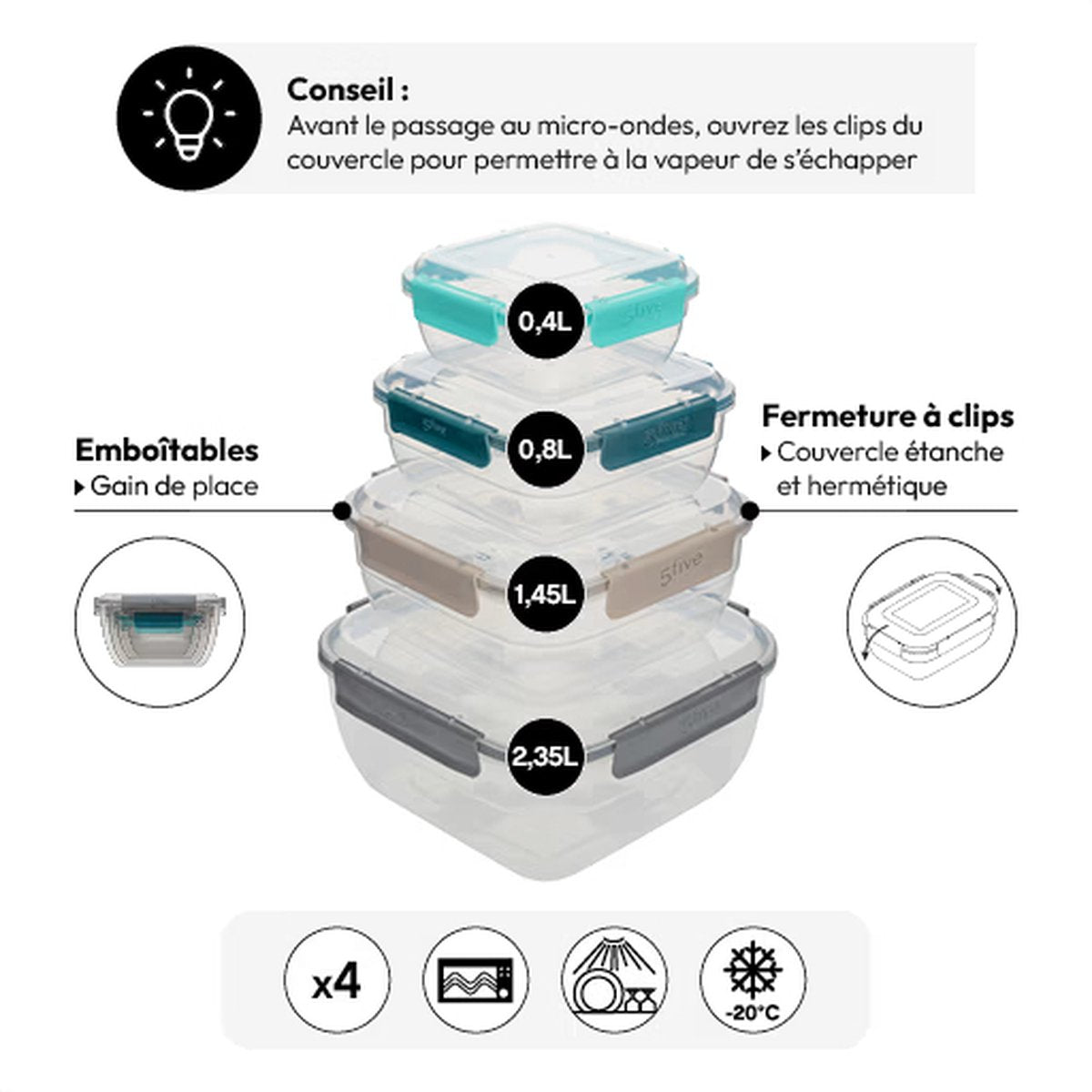 5Five Vershouddozen vierkant - Set van 4 stuks - 0,4L/0,8L/1,45L/2,35L - Multi