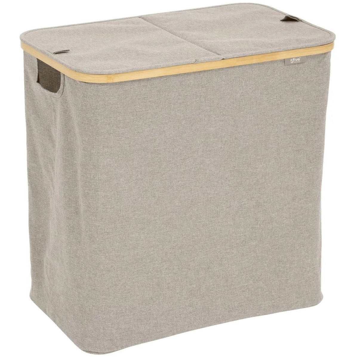 5Five Wasmand dubbel compartiment - polyester - met deksel - beige - 53 x 33 x 54 cm - 80 liter - Tidy Box - Opvouwbaar