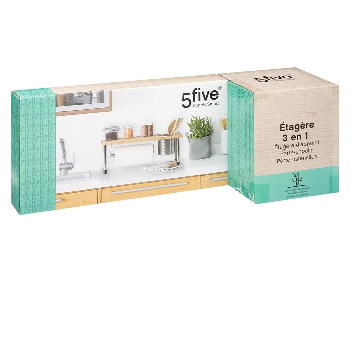 5Five keukenrek/aanrecht organizer met keukenrolhouder/keukengerei houder - 56 x 20 x 21 cm - bamboe hout/rvs