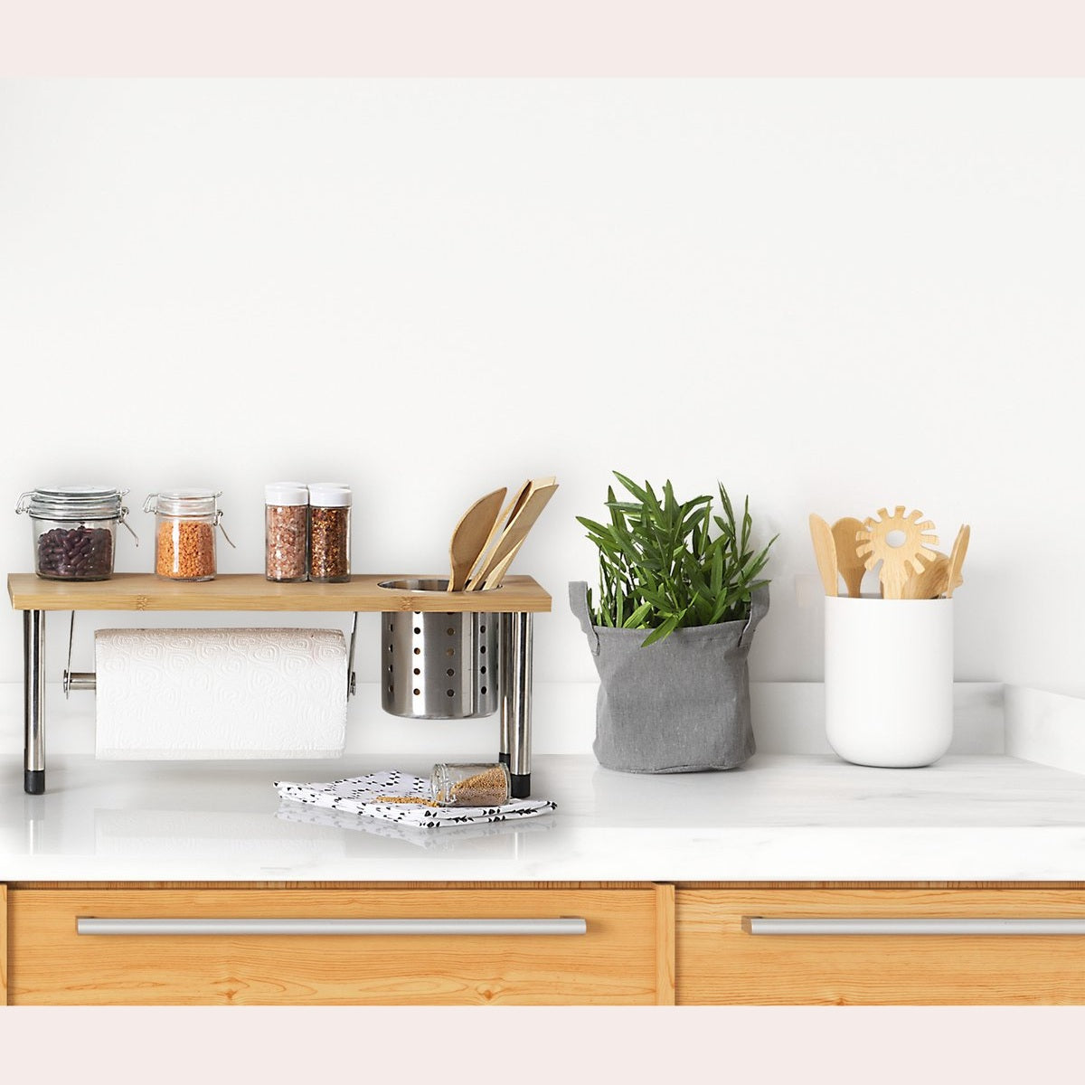 5Five keukenrek/aanrecht organizer met keukenrolhouder/keukengerei houder - 56 x 20 x 21 cm - bamboe hout/rvs