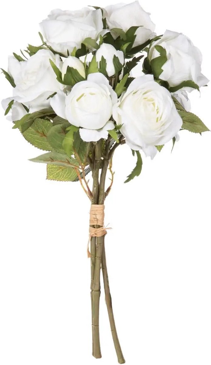 Atmosphera kunstbloemen boeket - 14 witte rozen - 40 cm