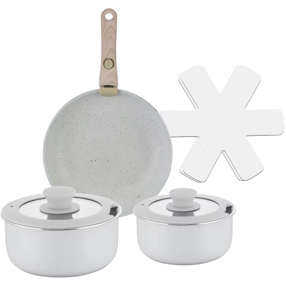 8-delige Pannenset – Elegant Wit – Ultra Anti-aanbak met Verwisselbare Houten Handgreep – Geschikt voor Alle Warmtebronnen