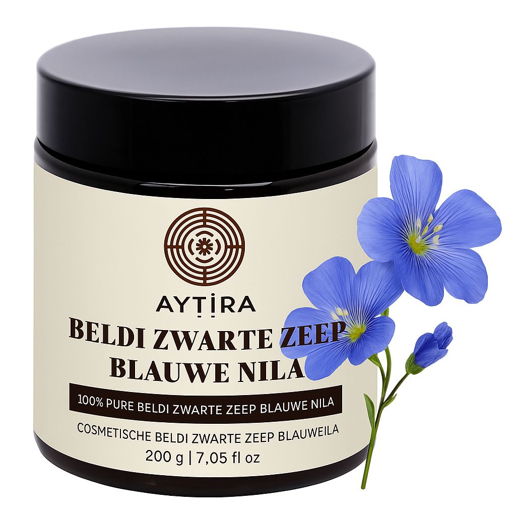 AYTIRA Beldi Zwarte Zeep met Blauwe Nila 200 g – Traditionele Marokkaanse hammamzeep | Voor gevoelige & geïrriteerde huid – 100% natuurlijk - MODESTNOVA