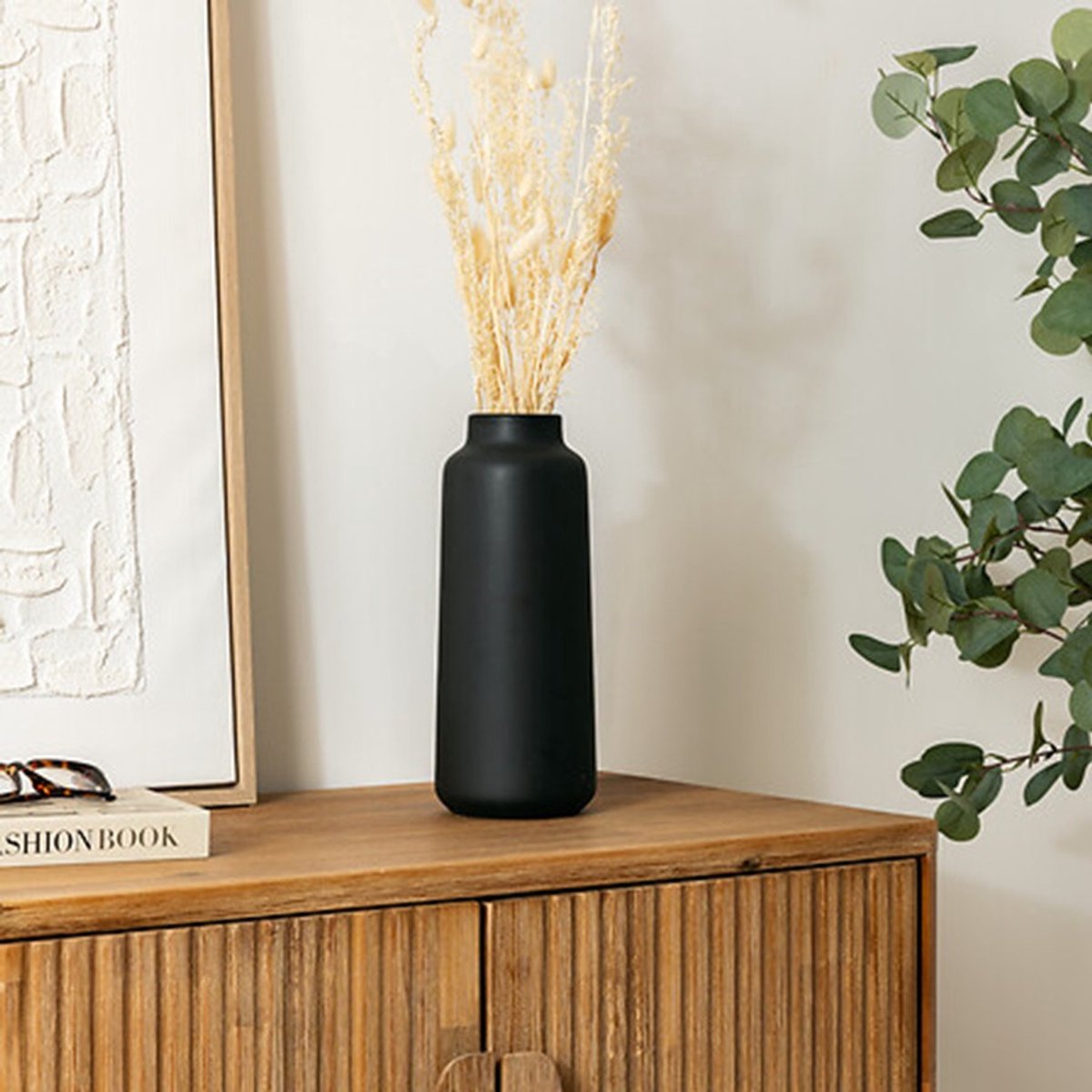Atmosphera Bloemenvaas Emporor - mat zwart - keramiek - D12 x H30 cm - stelen en boeketten
