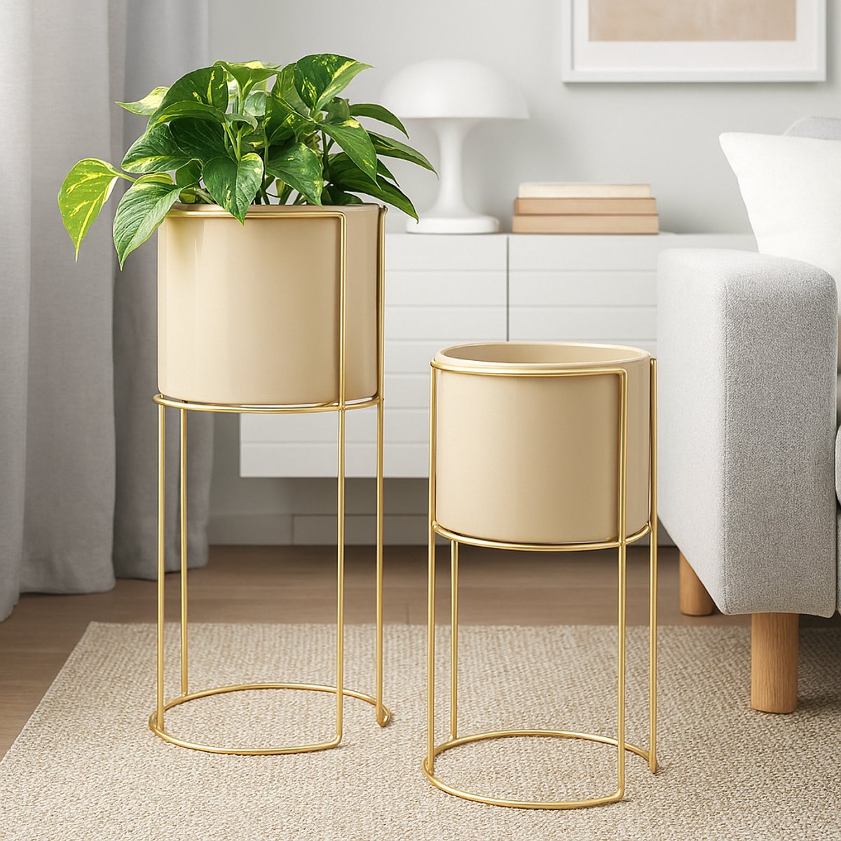 Atmosphera Bloempot/Staanders - Set van 2 stuks - Ø28xH55cm - Beige/Goud