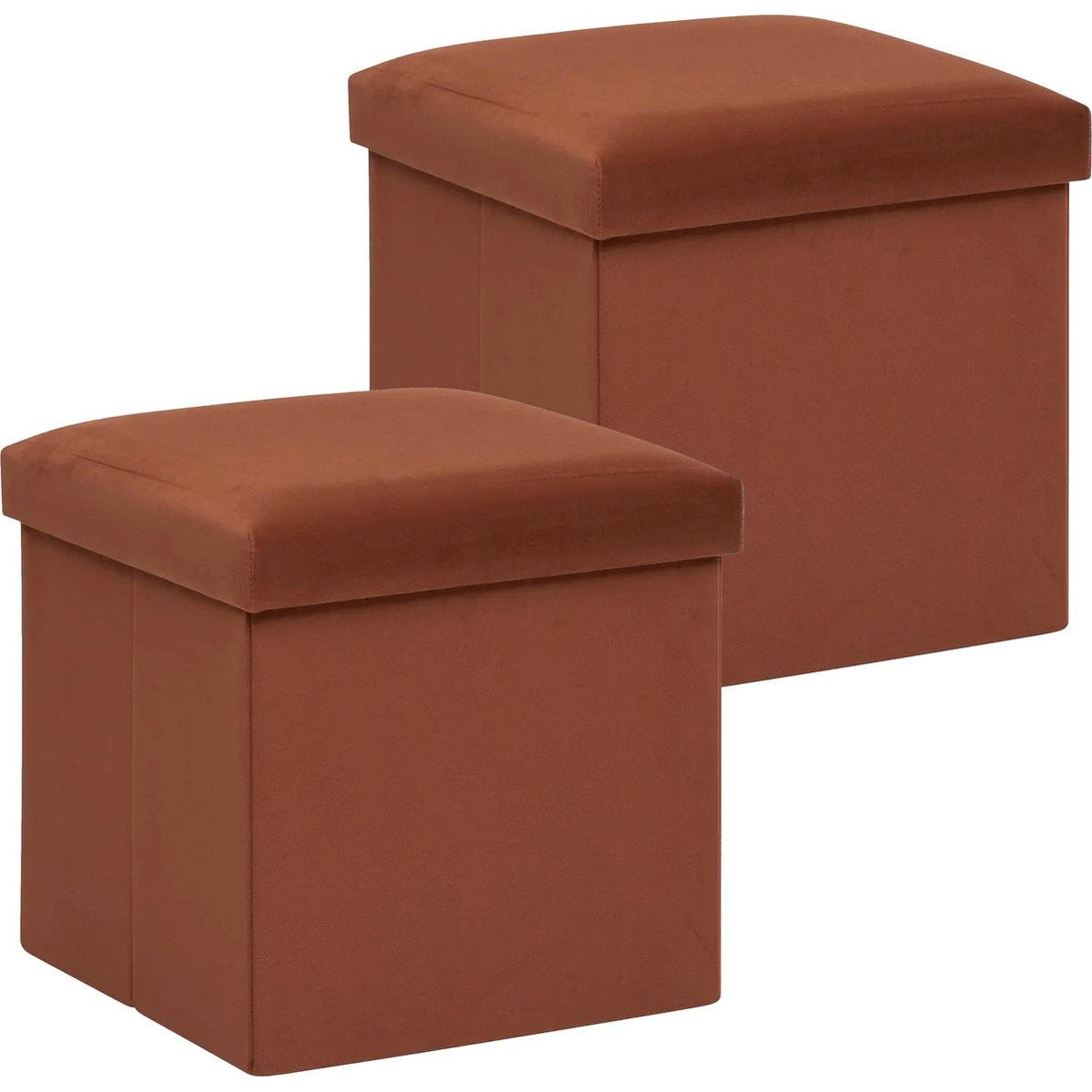 Atmosphera Poef/krukje/hocker Amber - 2x - Opvouwbare zit opslag box - fluweel roest bruin - D38 x H38 cm - MDF/polyester