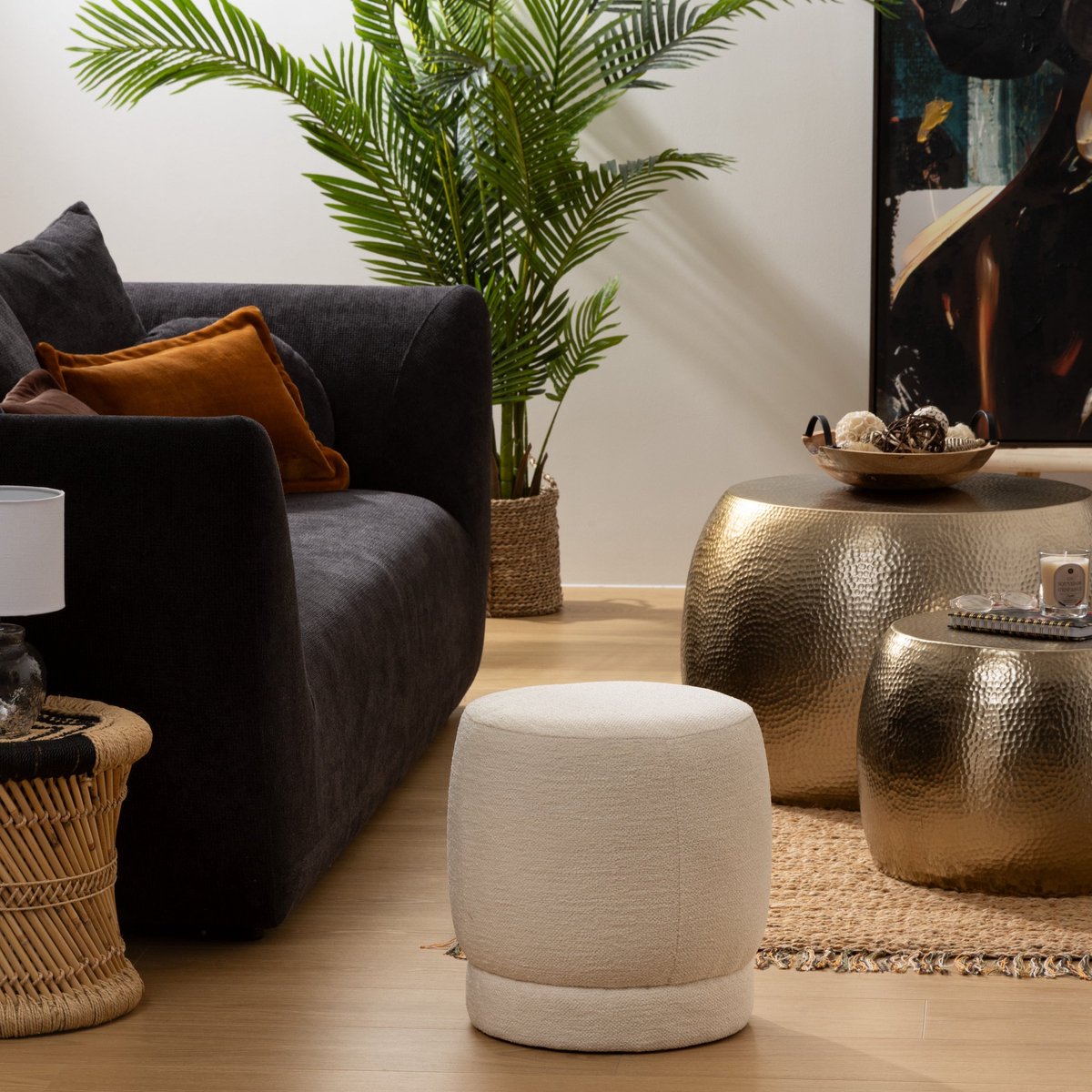 Atmosphera Poef om te zitten Perfect Seat - stof/hout - wit - 40x40 cm - bijzet stoeltjes