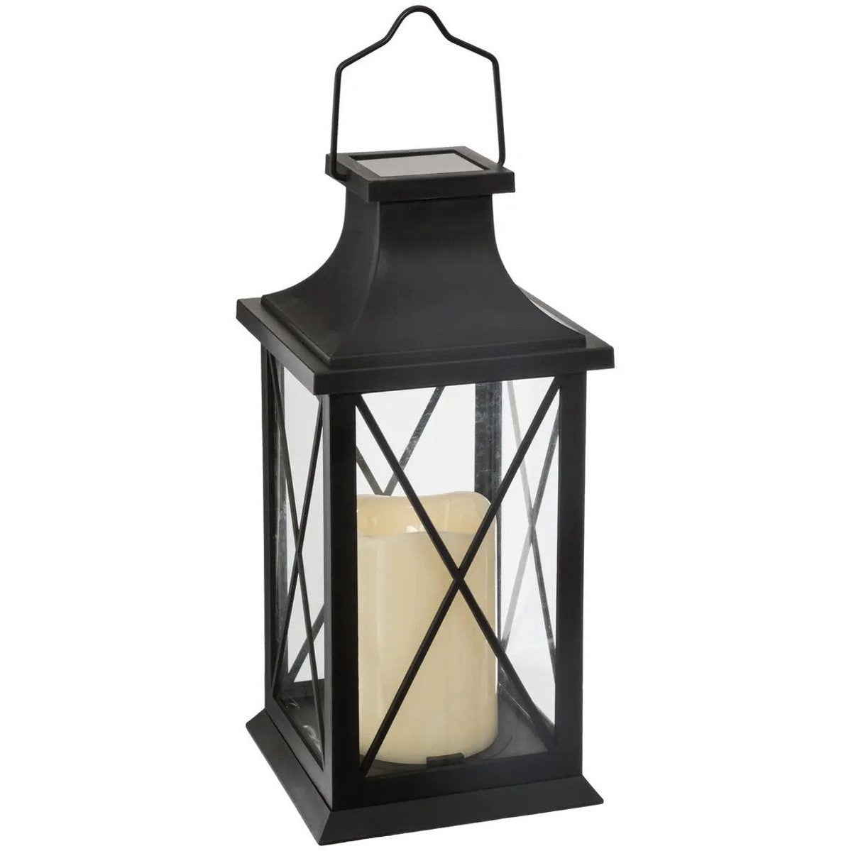 Atmosphera Solar tuin lantaarn - zwart - kunststof/glas - 14 x 14 x 28 cm - buiten - Led kaars licht