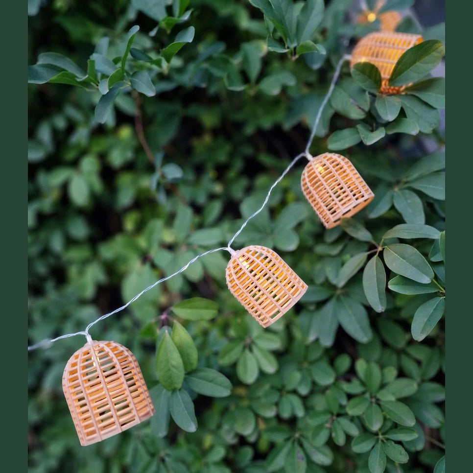 Atmosphera Solar tuin lantaarns lichtsnoer - naturel - rotan kunststof - 335 cm - buiten - Led licht