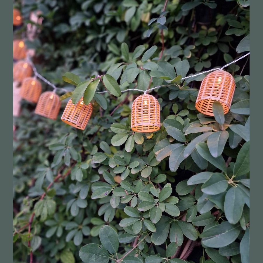 Atmosphera Solar tuin lantaarns lichtsnoer - naturel - rotan kunststof - 335 cm - buiten - Led licht