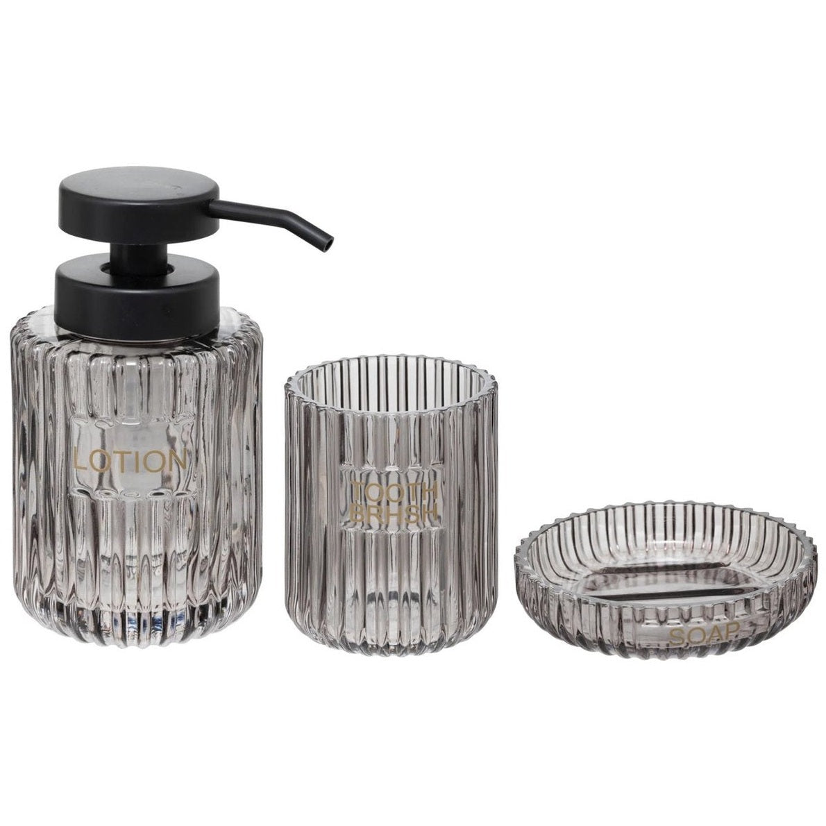Badkameraccessoires Set van 3 – Grijs Glas – Zeepbakje, Tandenborstelhouder & Zeepdispenser – Modern Design