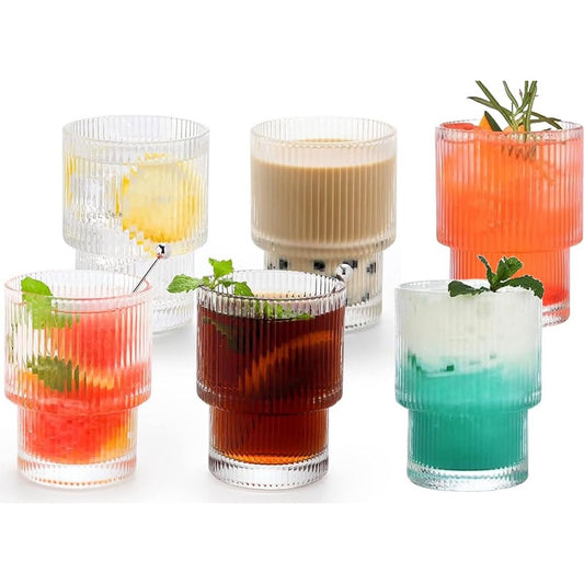 Geribbelde Drinkglas- koffie glas – 185 ml – Set van 6 - cocktailglazen, ijskoffieglazen, longdrinkglazen,