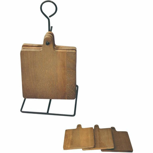 Houten vierkanten onderzetters op metalen houder 10.5 x 10.5 cm