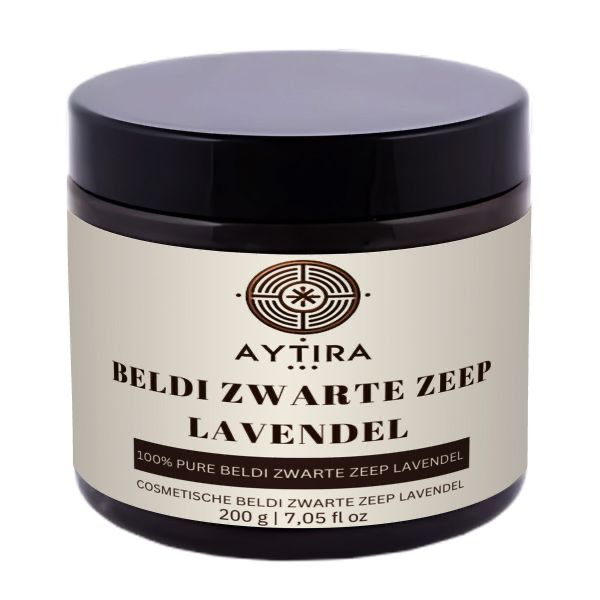 AYTIRA Beldi Schwarze Seife Lavendel – Marokkanische Savon Beldi mit Lavendelöl – Natürliche Olivenseife – 200 g