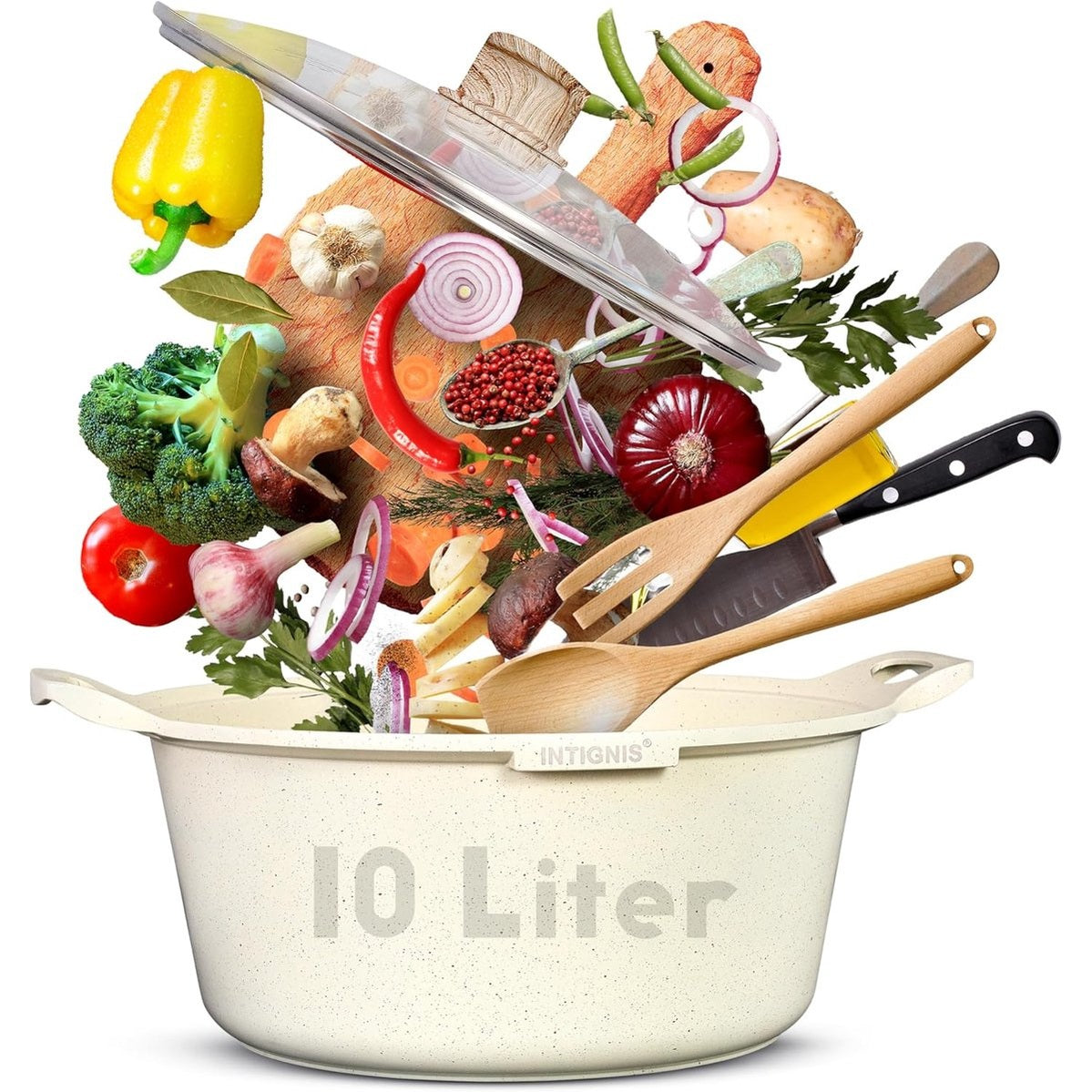 INTIGNIS® Braadpan met Deksel – 32 cm (10 liter) – GREBLON Keramische Antiaanbaklaag – Geschikt voor Inductie, Gas & Elektrisch – Inclusief Glasdeksel - Wit