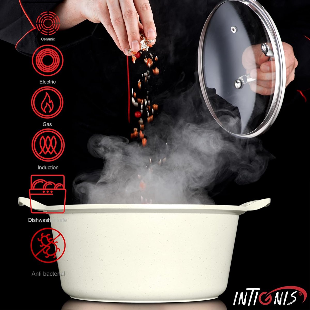 INTIGNIS® Braadpan met Deksel – 32 cm (10 liter) – GREBLON Keramische Antiaanbaklaag – Geschikt voor Inductie, Gas & Elektrisch – Inclusief Glasdeksel - Wit