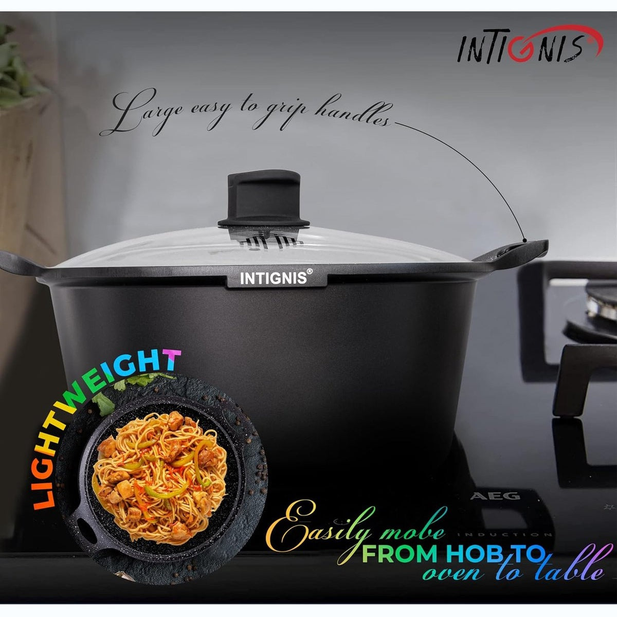 INTIGNIS® Braadpan met Deksel – 36 cm (14 liter) – GREBLON Keramische Antiaanbaklaag – Geschikt voor Inductie, Gas & Elektrisch – Inclusief Glasdeksel