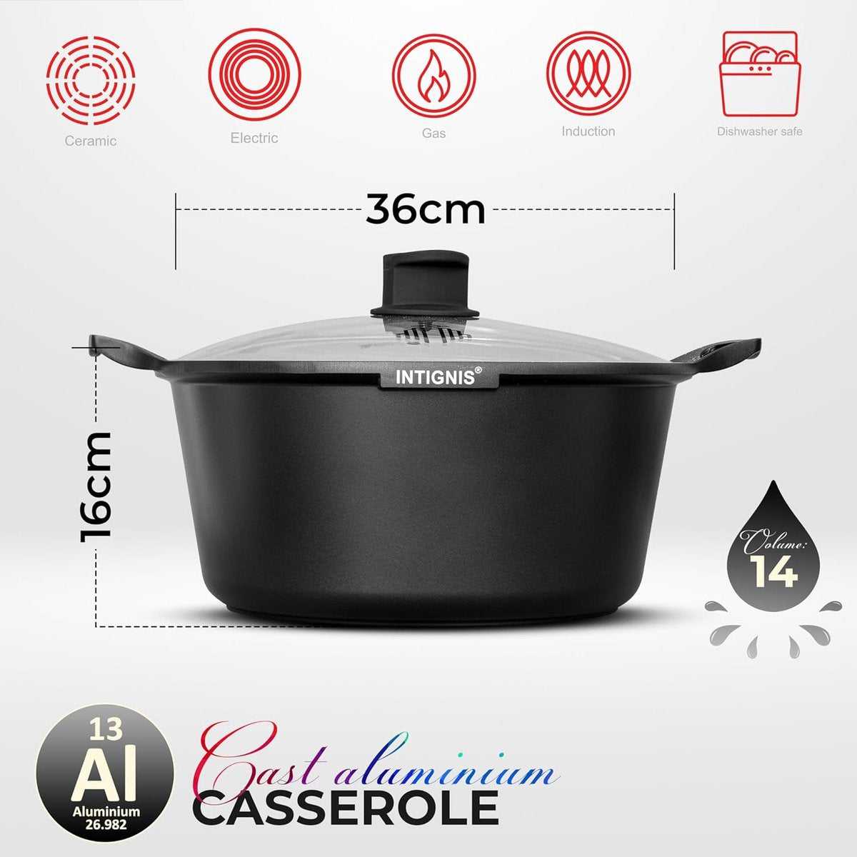 INTIGNIS® Braadpan met Deksel – 36 cm (14 liter) – GREBLON Keramische Antiaanbaklaag – Geschikt voor Inductie, Gas & Elektrisch – Inclusief Glasdeksel