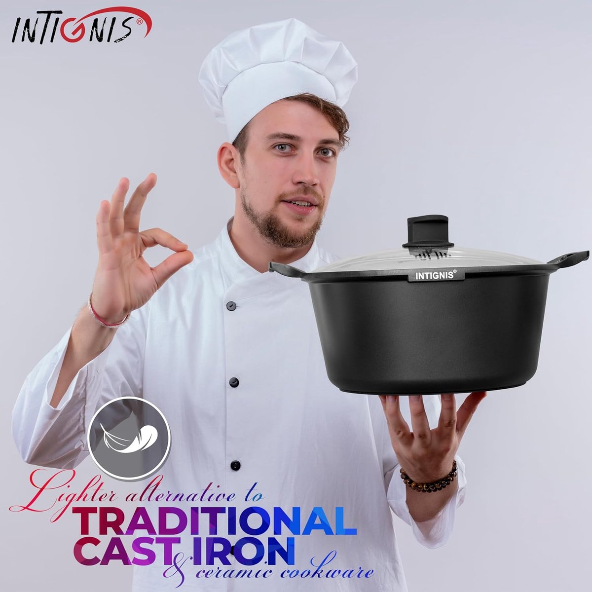 INTIGNIS® Braadpan met Deksel – 36 cm (14 liter) – GREBLON Keramische Antiaanbaklaag – Geschikt voor Inductie, Gas & Elektrisch – Inclusief Glasdeksel