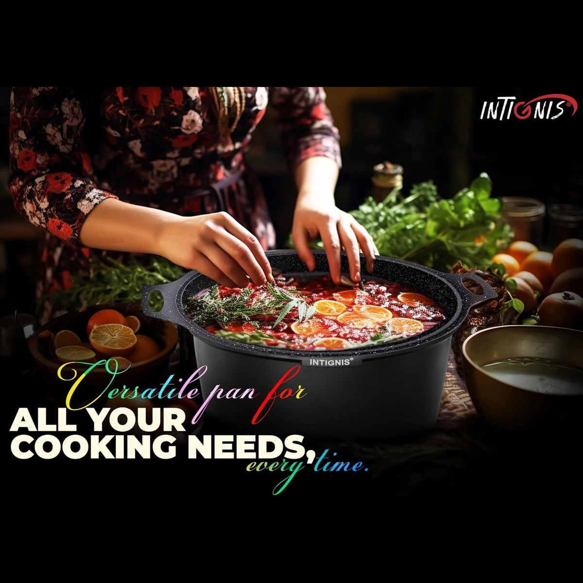 INTIGNIS® Braadpan met Deksel – 36 cm (14 liter) – GREBLON Keramische Antiaanbaklaag – Geschikt voor Inductie, Gas & Elektrisch – Inclusief Glasdeksel