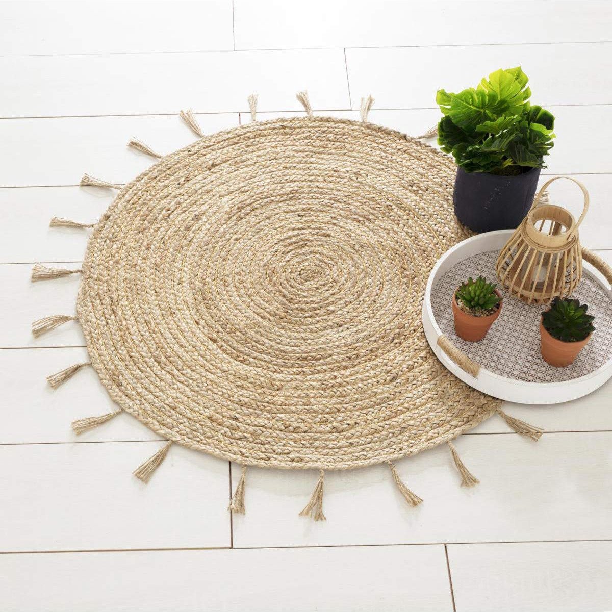 Jute Vloerkleed Naturel met Goud 80cm | Klein rond Vloerkleed | Vloerkleed Naturel/Goud met franjes