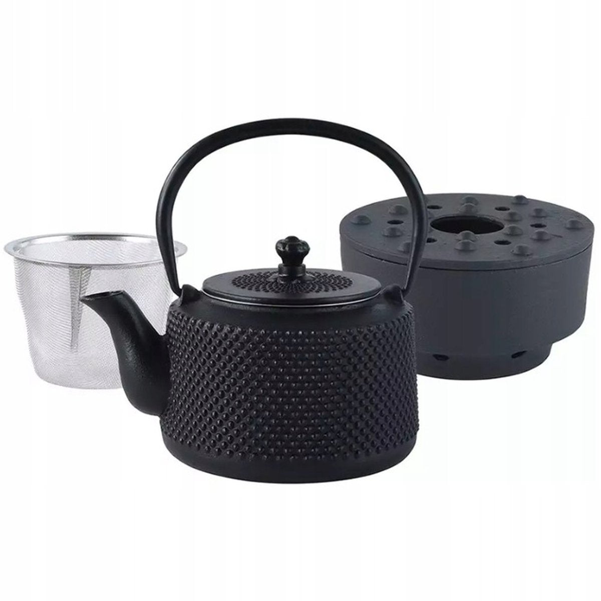 KINGHOFF - Gietijzeren Theeset met Theepot (0,8L), RVS Zeef en Warmhouder - Zwart