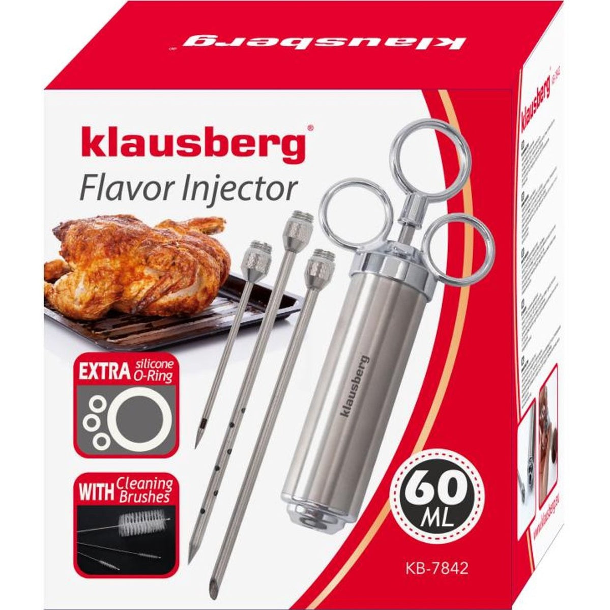 KLAUSBERG KB-7842 Vlees Marinade Spuit – RVS, 60 ml, Set met 3 Naalden & Accessoires - BBQ Accesoire - Vlees Injectiespuit - Injector