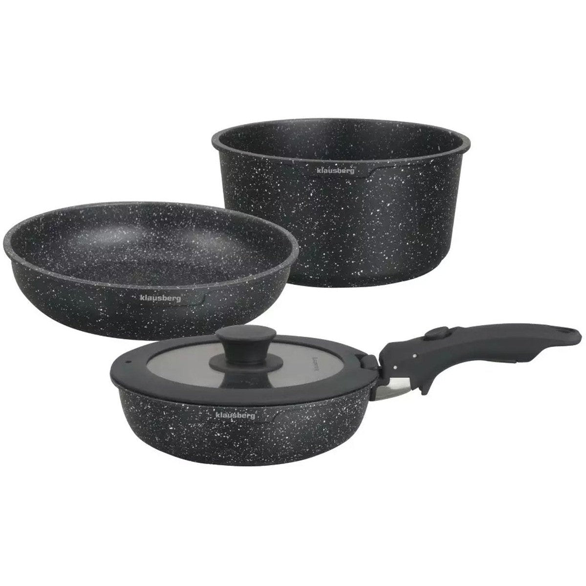KLAUSBERG - Moderne 5-delige Kookset pannenset met Marmeren Anti-aanbaklaag en Afneembare Handgreep - Geschikt voor Alle Warmtebronnen, Inclusief Inductie