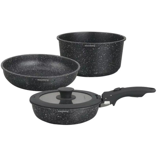 KLAUSBERG - Moderne 5-delige Kookset pannenset met Marmeren Anti-aanbaklaag en Afneembare Handgreep - Geschikt voor Alle Warmtebronnen, Inclusief Inductie