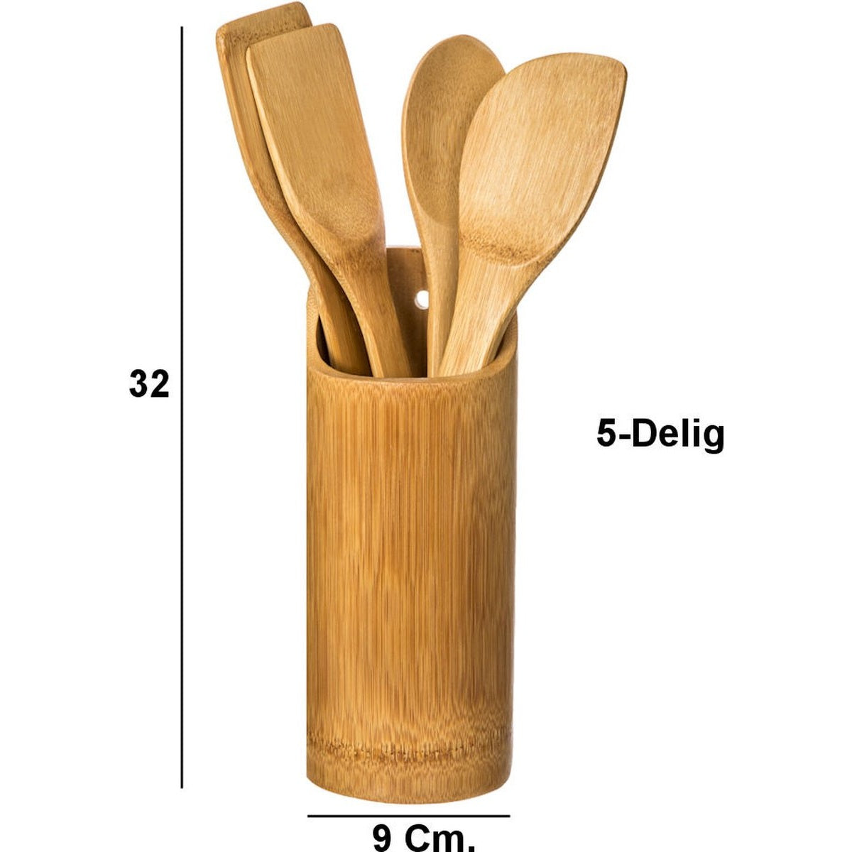 Keukengerei houder Set - 5 Delige keukengerei Set - Organizer rond - Spatel set + Houder- Bamboe Hout