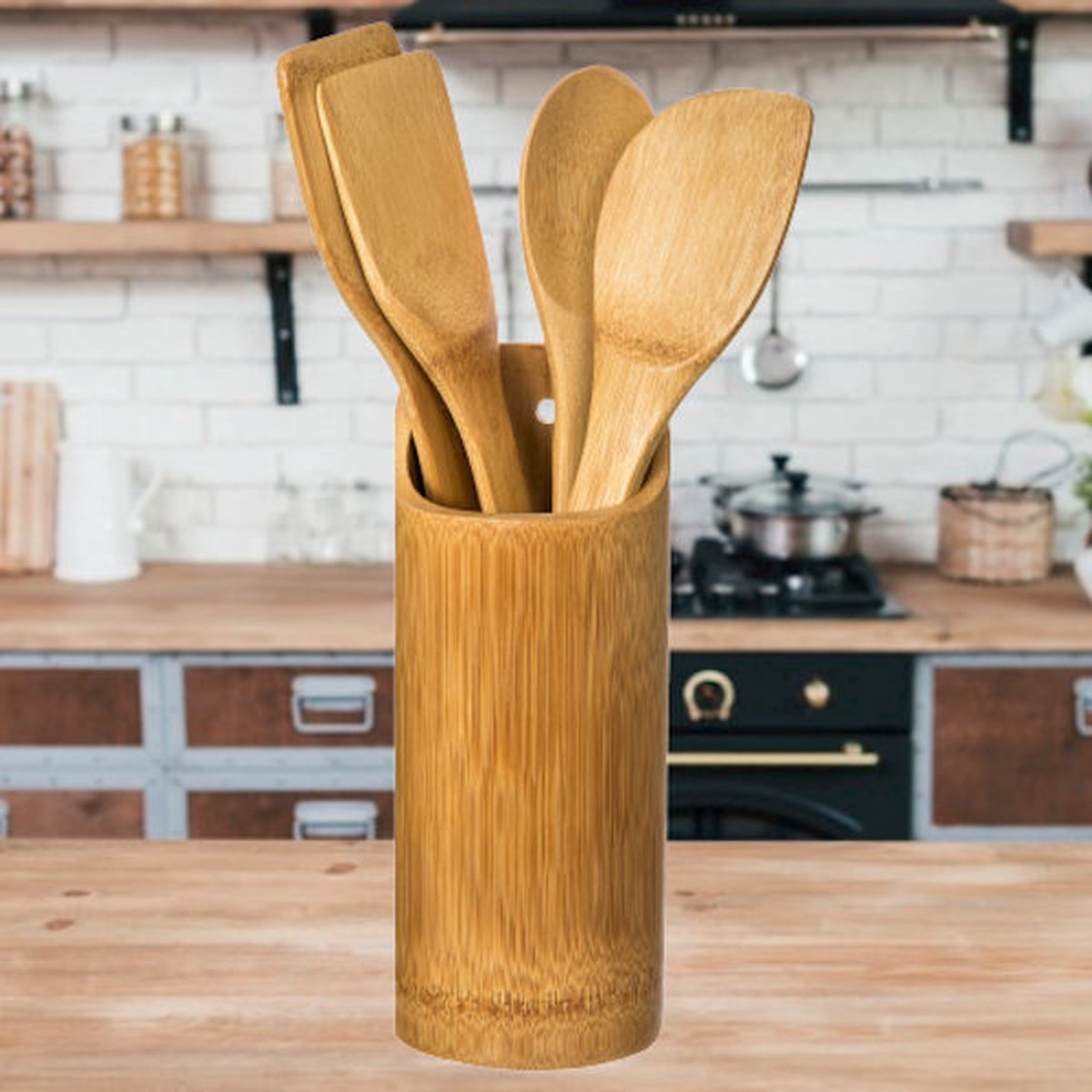 Keukengerei houder Set - 5 Delige keukengerei Set - Organizer rond - Spatel set + Houder- Bamboe Hout