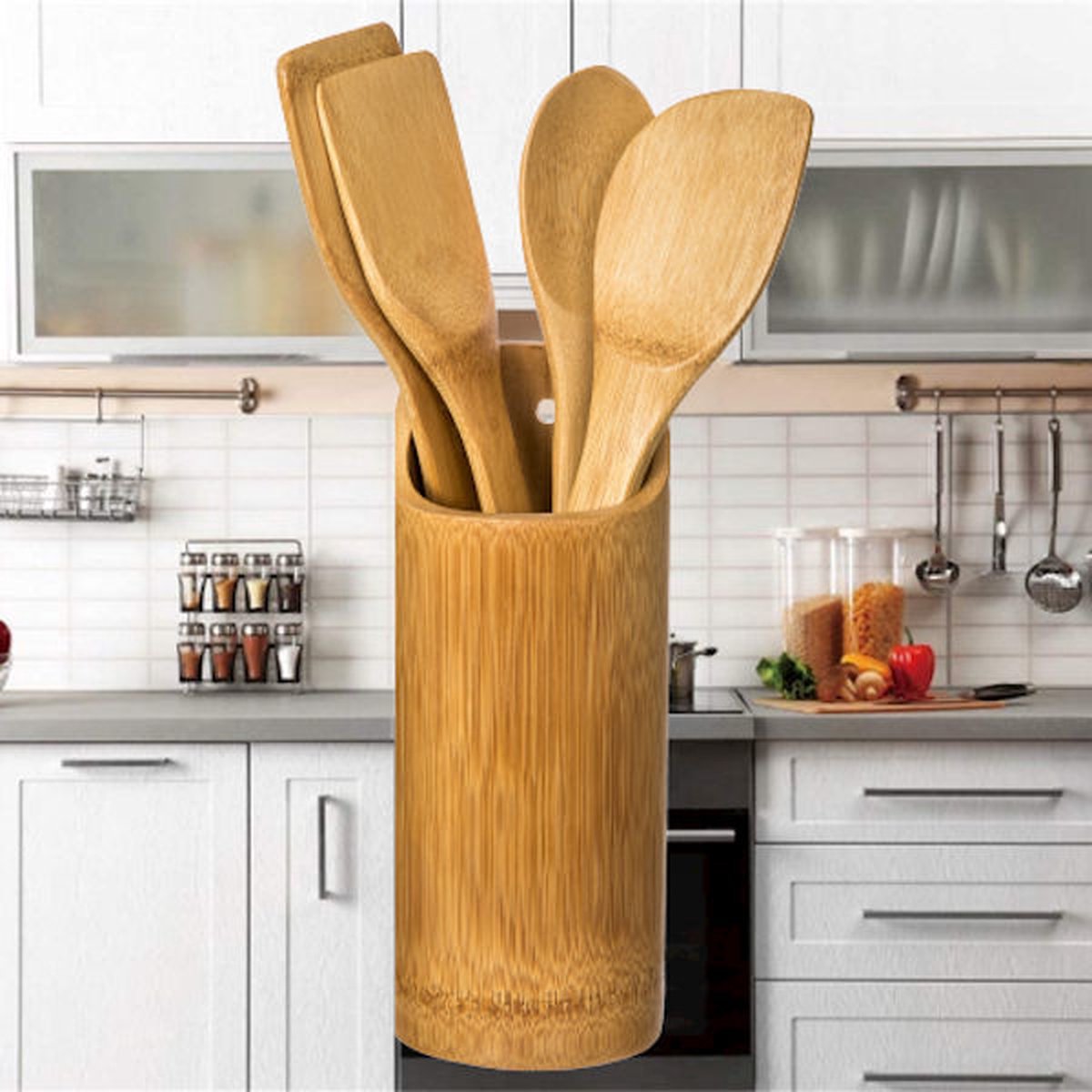 Keukengerei houder Set - 5 Delige keukengerei Set - Organizer rond - Spatel set + Houder- Bamboe Hout