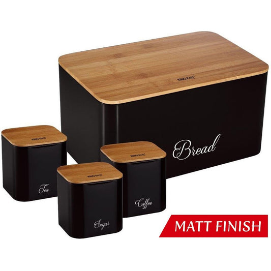 Kinghoff 1586 - Broodtrommel met voorraadbussen - Staal / bamboe - zwart