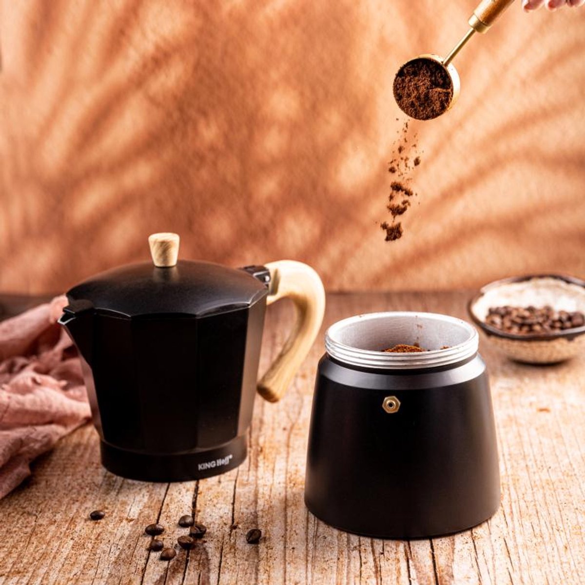 Kinghoff Aluminium Espressomaker KH-1887 – 9 Kopjes – Zwart Met Houten Handvat – Geschikt voor Inductie - 450ml - Percolator